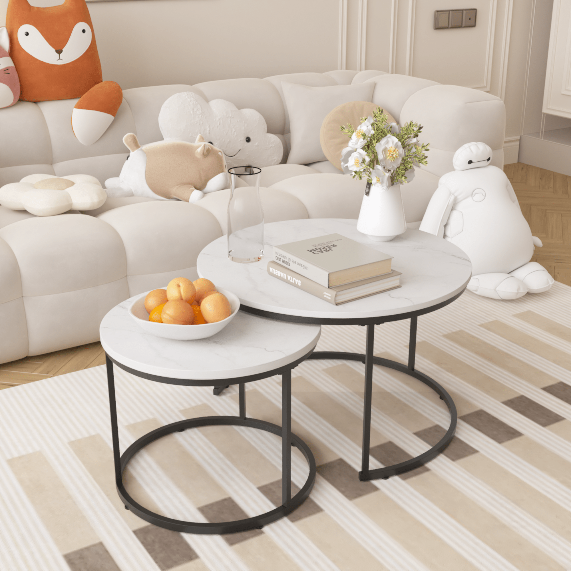 Nesting Coffee Table Set Of 2, 27.6inch Round Coffee Table Wood Marble Pattern Top With Sturdy Metal Frame, End Table Side Tables For Living Room Bedroom Balcony Yard White - Noventis Home