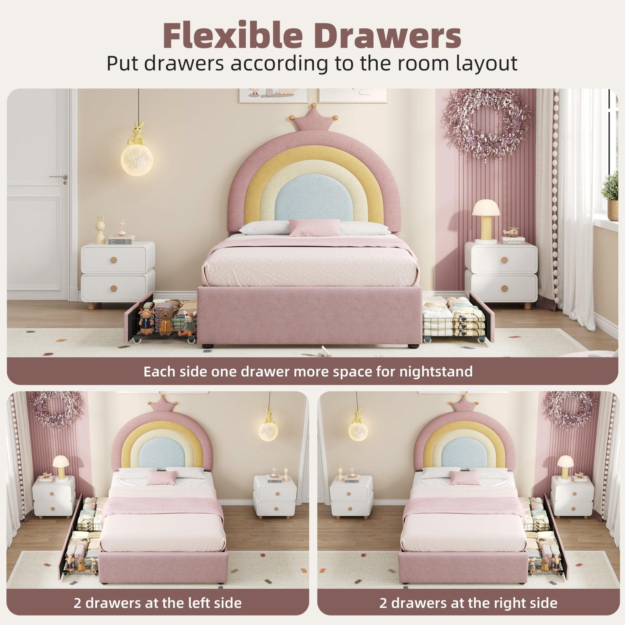 Eenpersoons Gestoffeerd Bed met Verstelbaar Regenboog Kroon Hoofdeinde, Zacht Fluwelen Bedframe met Opbergladen, Geen Bedbodem Nodig, Geen Matras - Noventis Home