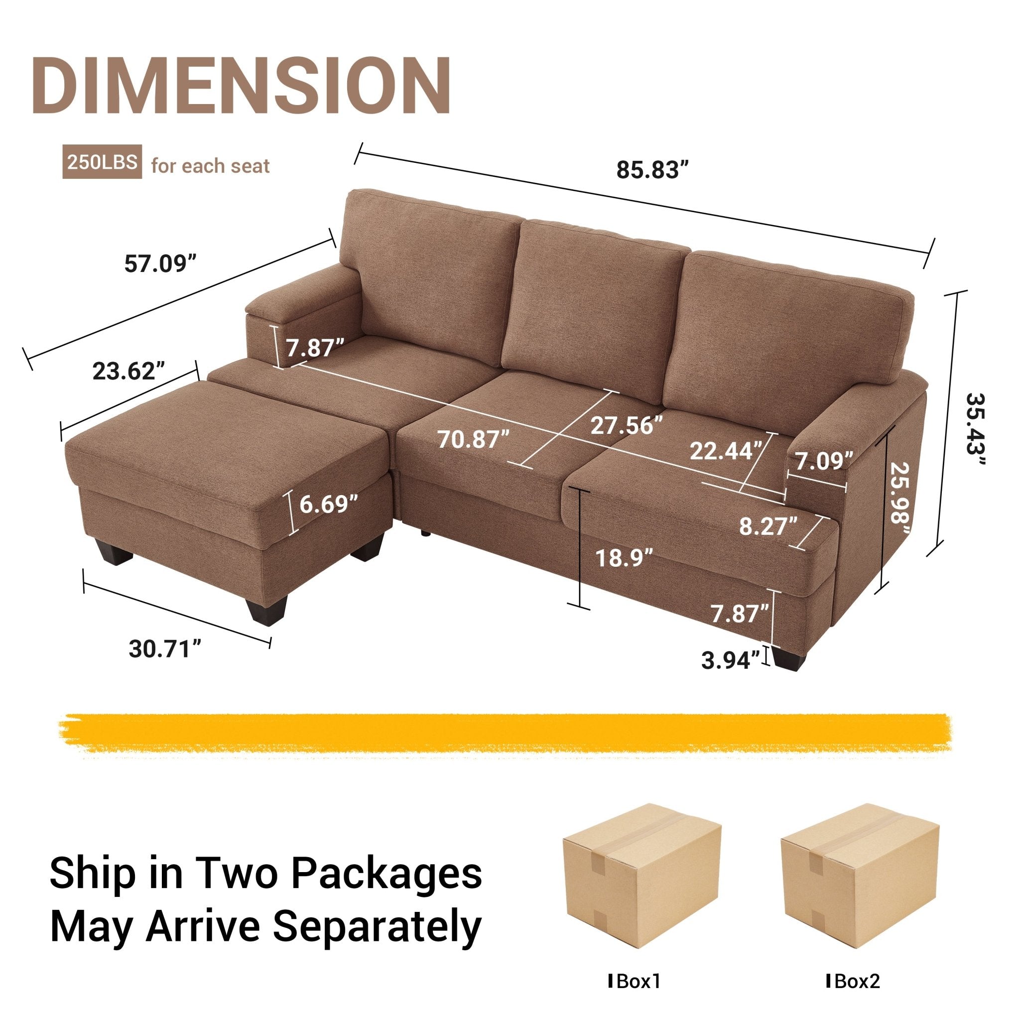 86'' L Shaped Couch With Armrest Organizer,3 Seats Sofas With Movable Ottoman,Comfy Sectional Sofa With Thick Cushion,Linen Sectional Couches For Living Room,Bedroom,Apartment,Brown - Noventis Home