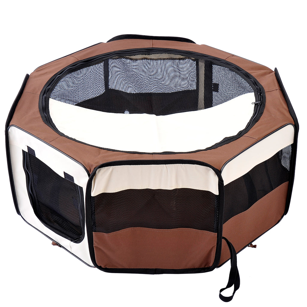 PawHut Portable Cat Dog Playpen Pet Puppy Rabbit Guinea Pig Pen Run Dia 90 X 41H Cm Indoor & Outdoor Brown - Noventis Home