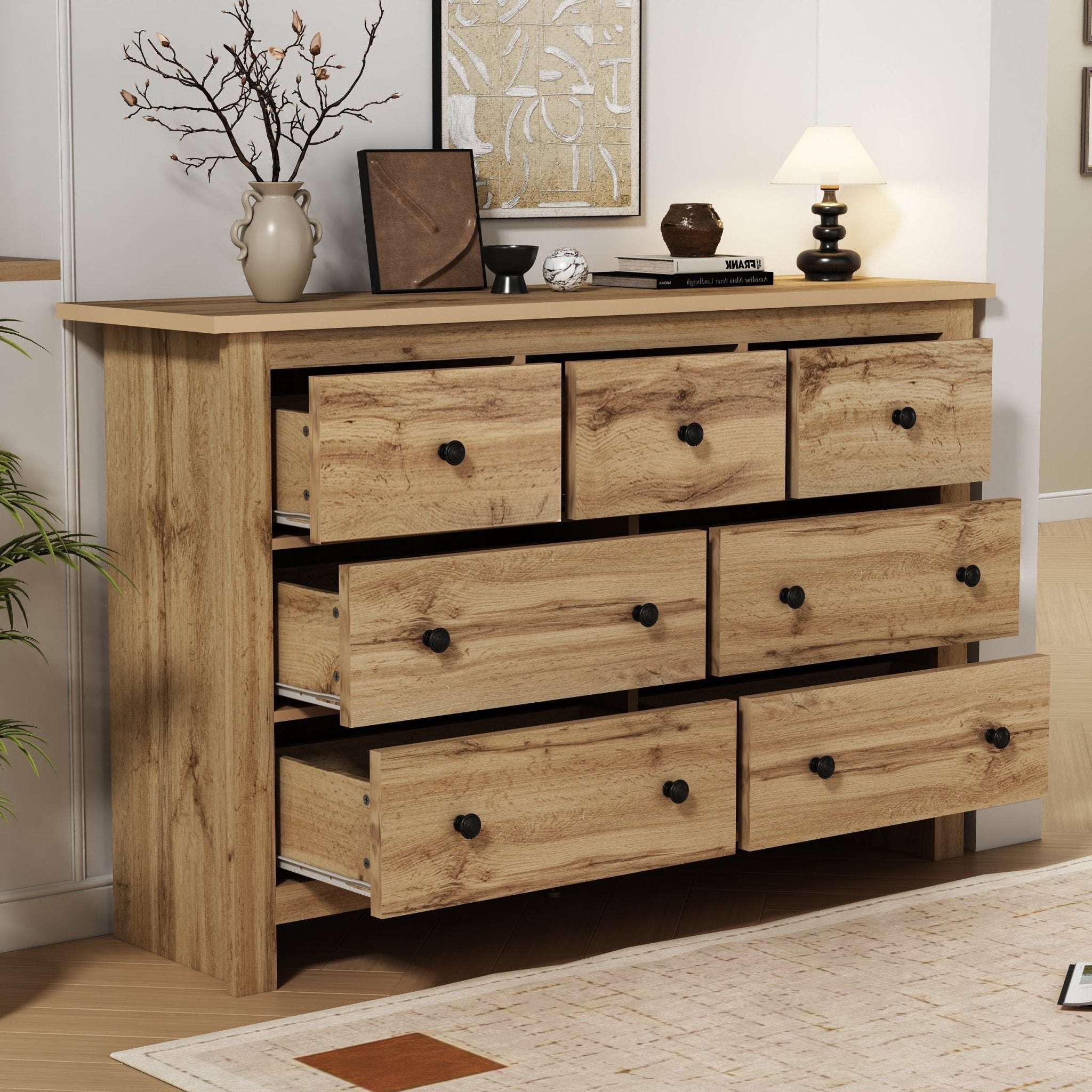 Moderne Vintage Opbergkast, Dressoir met 7 Lades, Sofa Bijzetkast, voor Woonkamer, Slaapkamer, Keuken en Gang, 152x40x88,5cm, Houtkleur - Noventis Home