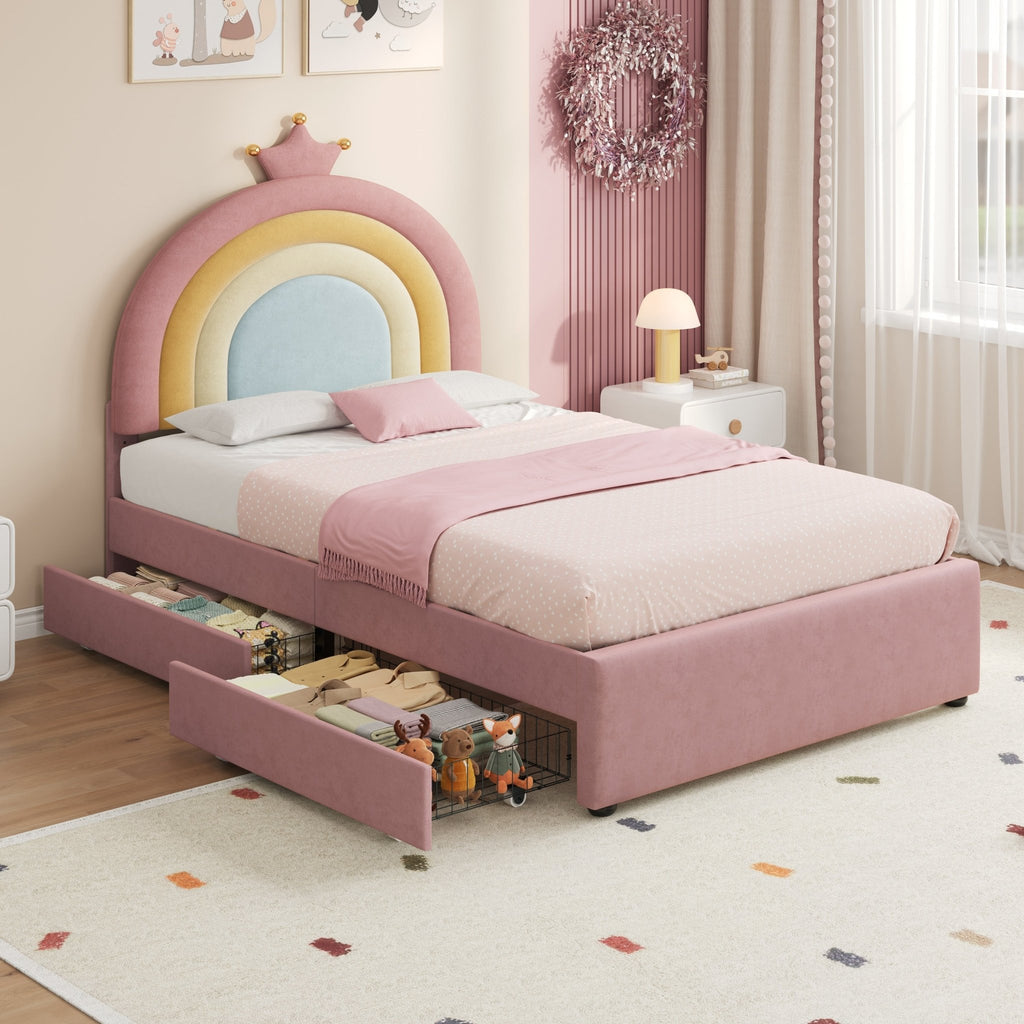 Eenpersoons Gestoffeerd Bed met Verstelbaar Regenboog Kroon Hoofdeinde, Zacht Fluwelen Bedframe met Opbergladen, Geen Bedbodem Nodig, Geen Matras - Noventis Home
