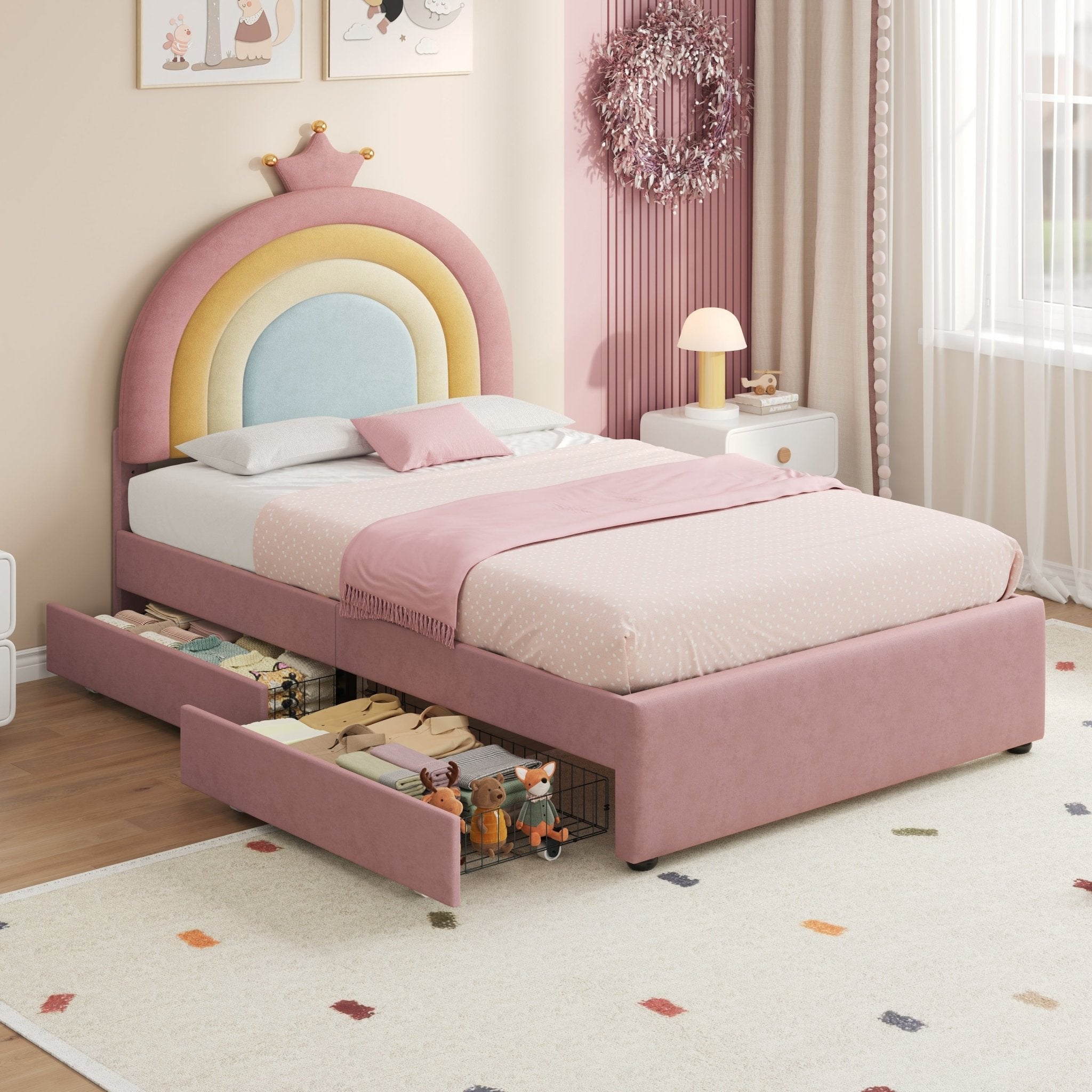 Eenpersoons Gestoffeerd Bed met Verstelbaar Regenboog Kroon Hoofdeinde, Zacht Fluwelen Bedframe met Opbergladen, Geen Bedbodem Nodig, Geen Matras - Noventis Home