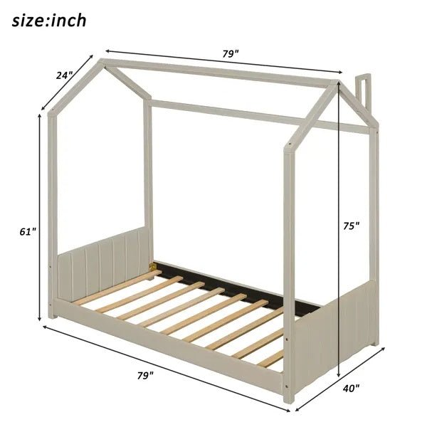 Fluwelen Huisbed Eenpersoons, Houten Bed, Beige - Noventis Home