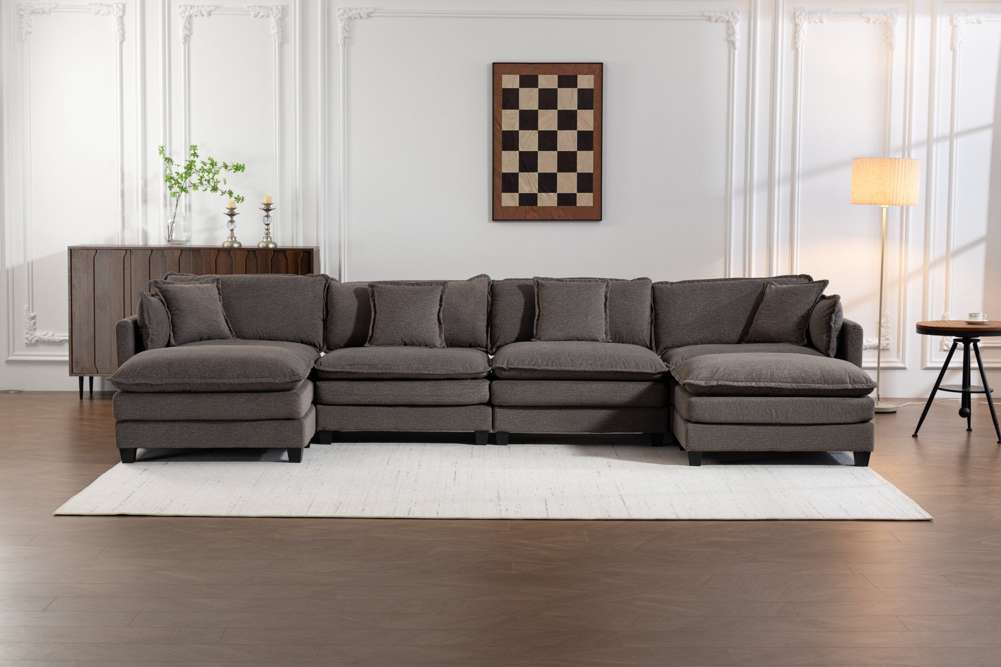 Moderne Hoekbank 4 - zitter met 2 Poefs, 379 cm, Modulaire Compressiebank met Lendenkussens, Symmetrische Slaapbank met Chaise Longue voor Woonkamer en Appartement, 3 Kleuren - Noventis Home