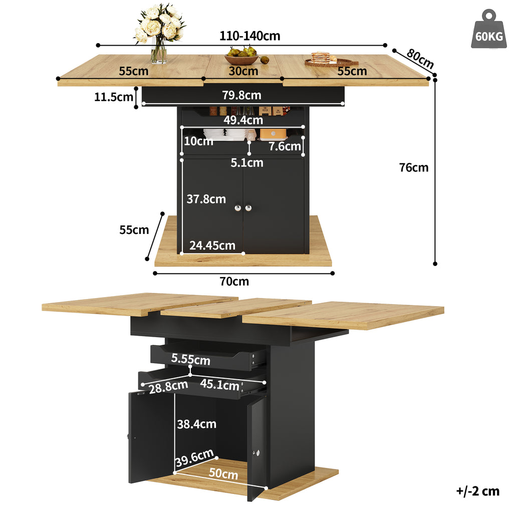 Uitschuifbare Eettafel 110 - 140x80cm, Inklapbare Keukentafel voor 4 - 6 Personen, met 2 Lades en Opbergkast, Zwart - Noventis Home