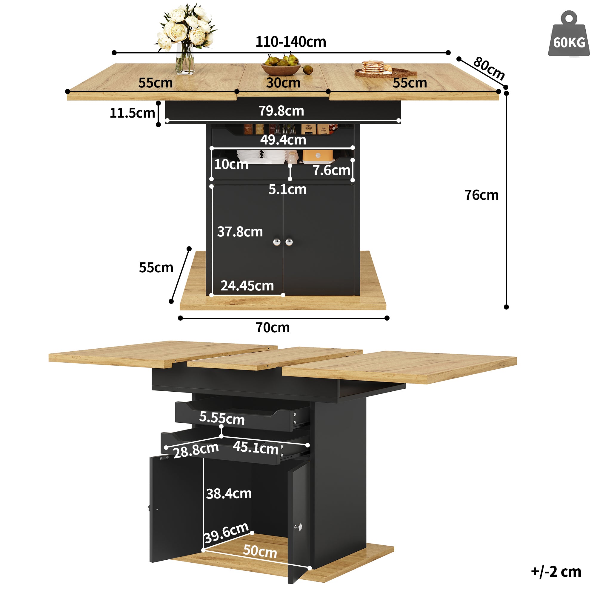 Uitschuifbare Eettafel 110-140x80cm, Inklapbare Keukentafel voor 4-6 Personen, met 2 Lades en Opbergkast, Zwart
