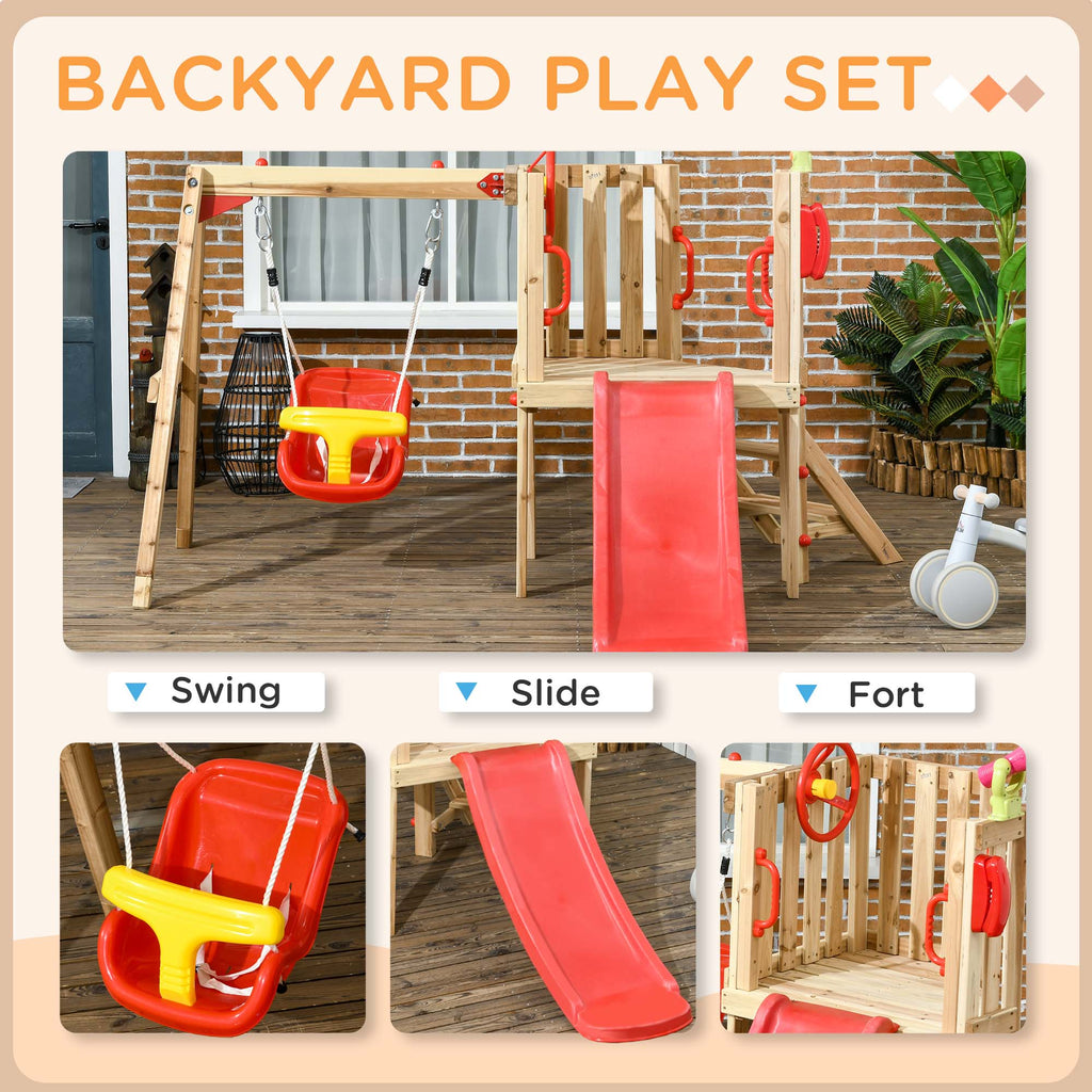 4 - in - 1 Wooden Swing Set with Swing, Slide, Horn, Steering Wheel, Red - Noventis Home
