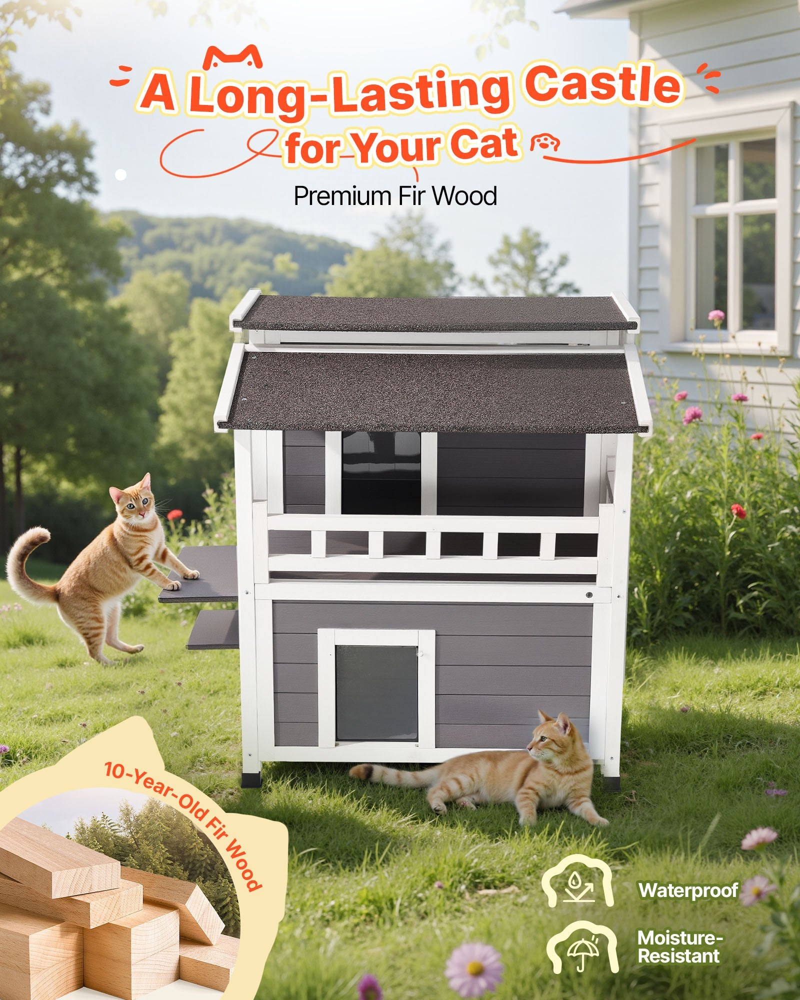 Insulated Cat House, 2 - Story Wooden Cat Shelter, Foam Insulation, Feral Kitty Shelter With Balcony, Waterproof Cats Condos For Indoor & Outdoor 1 - 3 Cats In Winter 33 X 29.5 X 32 In - Noventis Home