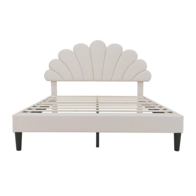 4ft6 Double Upholstered Velvet Bed Frame, With Adjustable Chic Petal Headboard, Velvet Platform Bed Frame With Solid Wood Slat, No Box Spring Needed, Easy Assembly, Beige - Noventis Home