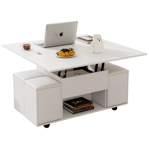 Salontafel met Opklapbaar Blad en Opbergruimte, Hydraulisch Lift-top Tafel voor Woonkamer, Wit