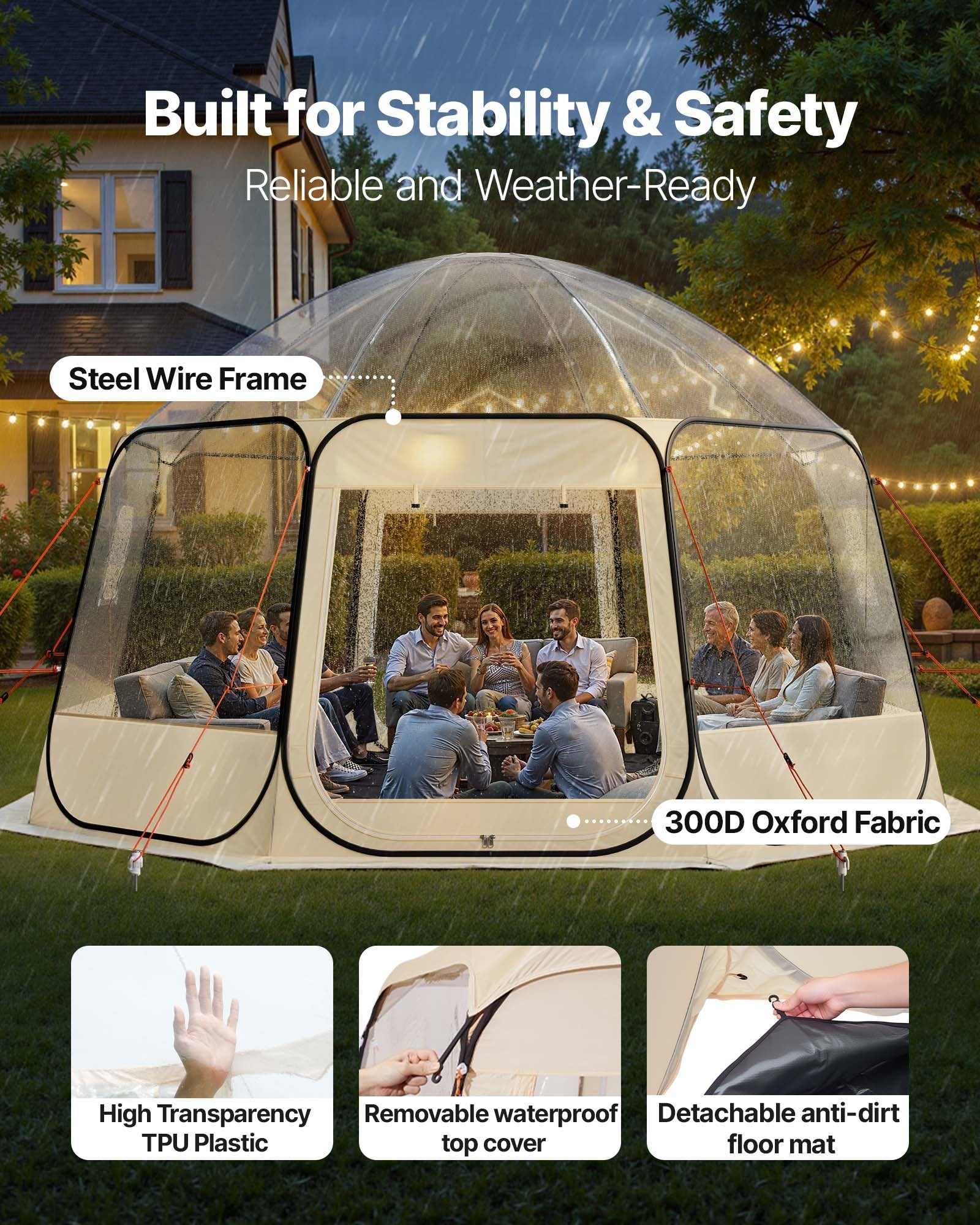 Pop Up Bubble Tent, 15 X 13.8 Ft Waterproof & UV - Resistant, Clear Camping Tent Shelter, Outdoor Garden Dome Igloo Tents With Windows, 540° Panoramic View, For 12 - 15 Persons Patio Backyard - Noventis Home