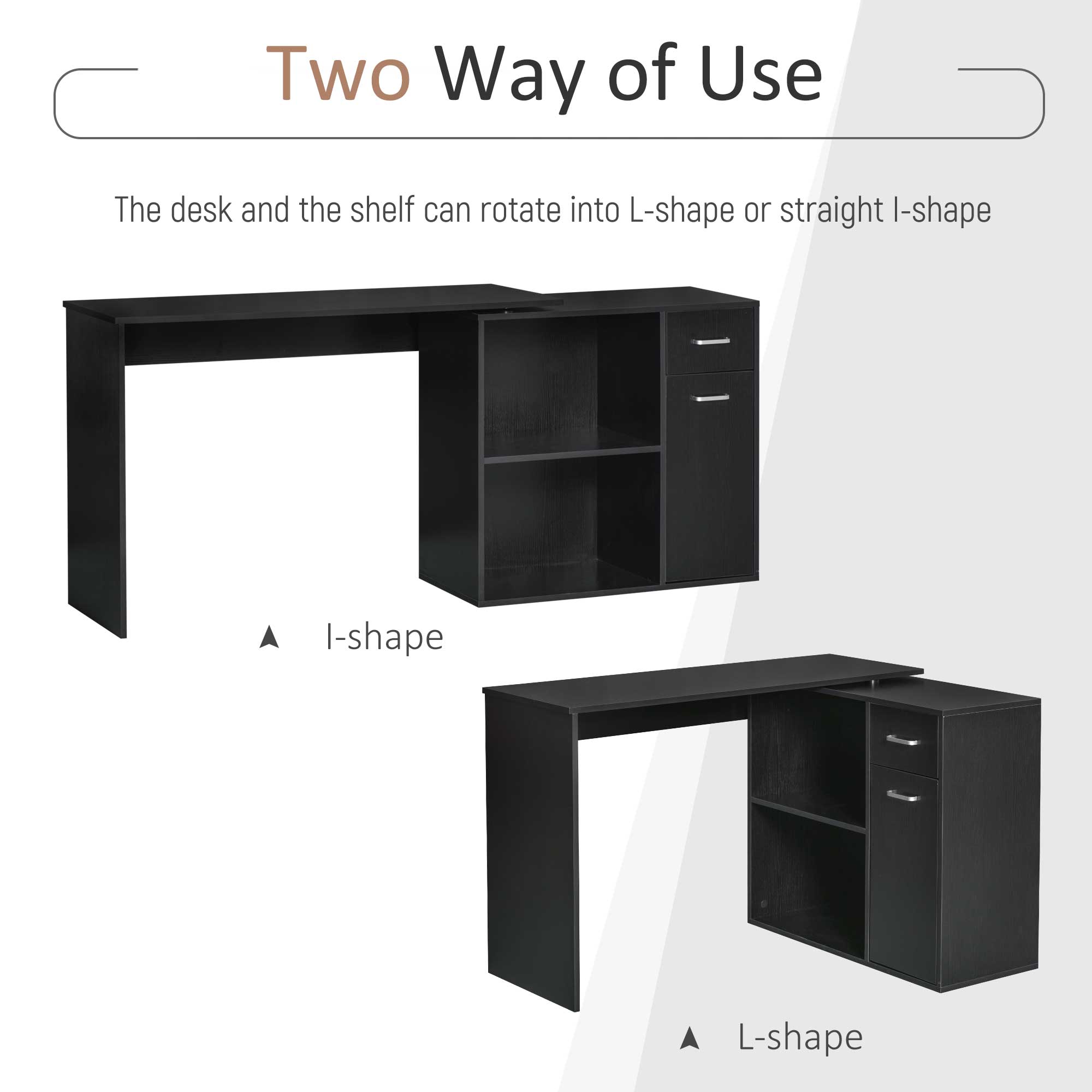 L Shaped Computer Desk, 180° Rotating Corner Desk With Storage Shelves, Drawer And Cabinet, Study Workstation For Home Office, Black - Noventis Home