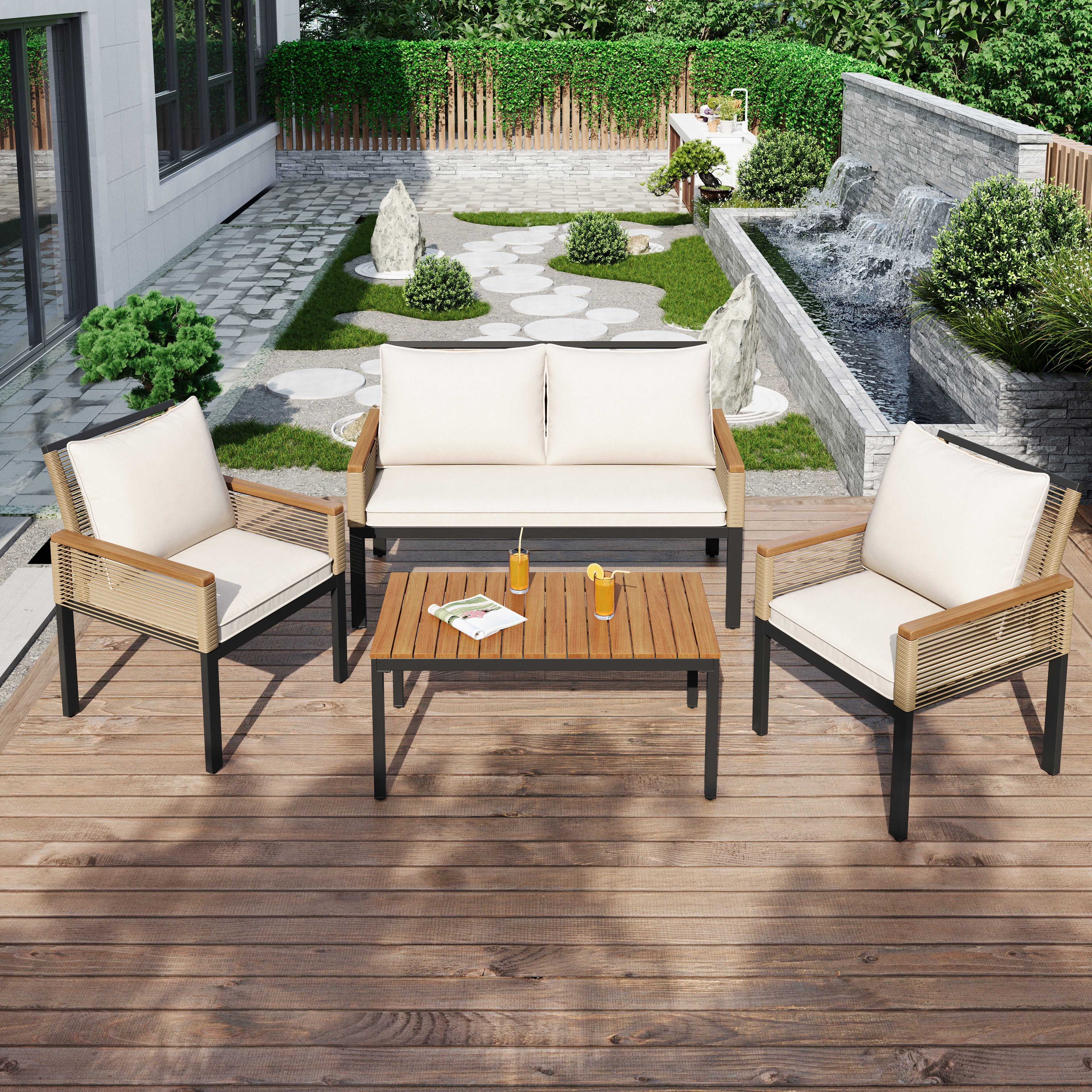 Tuinloungeset, Tuinmeubelset met Kussens, Dubbele Bank, 2 Fauteuils en Tafel, Buiten, Rattan, Beige