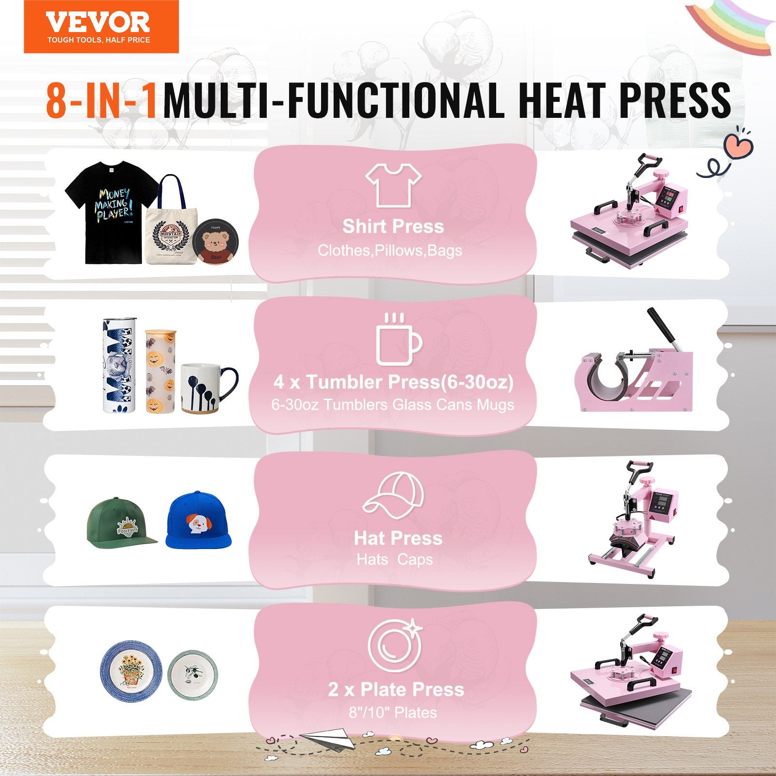 Heat Press Machine, 15 X 15 Inch, 8 In 1 Heat Transfer Machine With 6 - 30 Oz Tumbler Press, 360° Swing Away T-Shirt Pressing, Digital Precise Control, For T-Shirts/Mugs/Hats/Plates, Pink - Noventis Home
