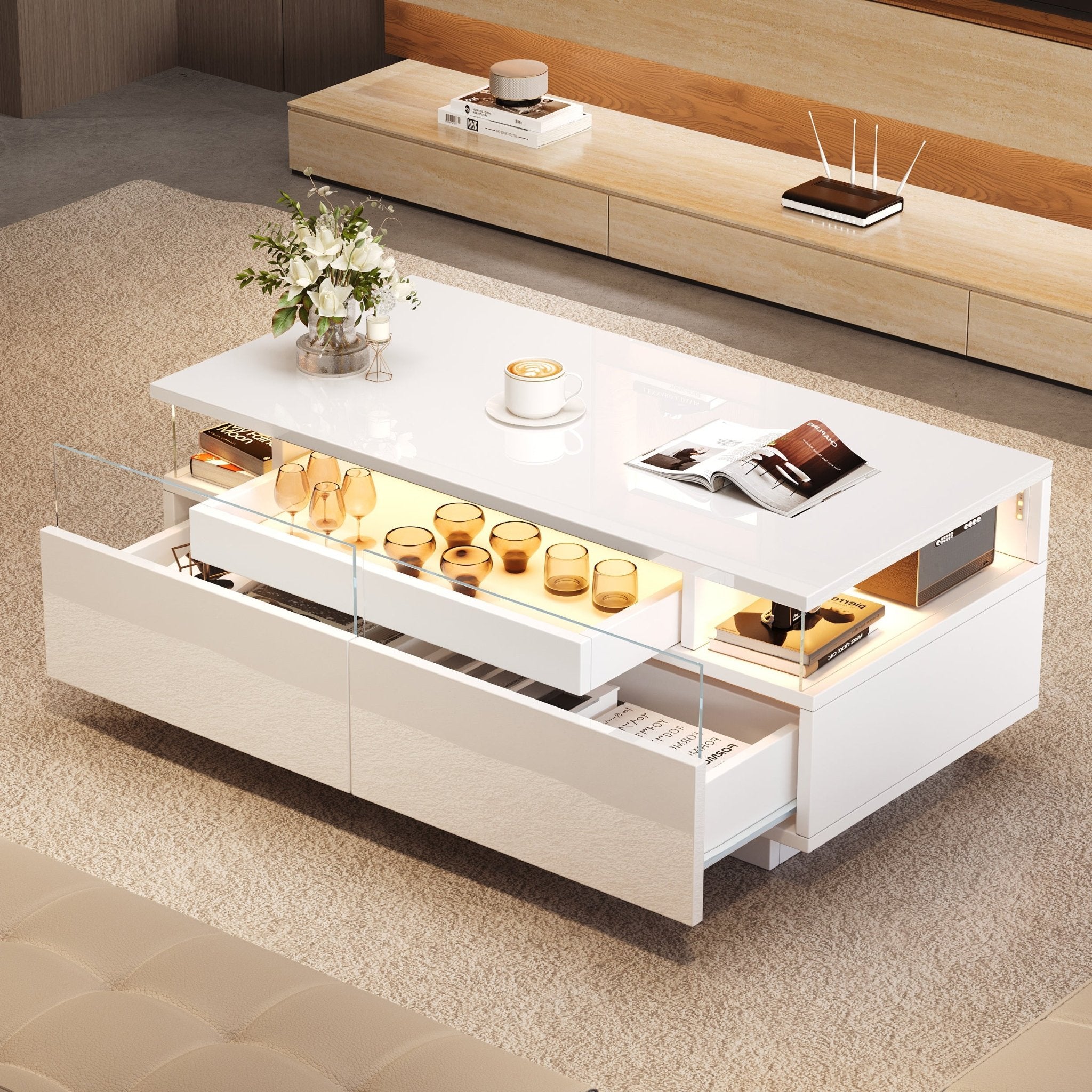 Hoogglans Salontafel met 2 Lades, LED - verlichting en Uitschuifbaar Dienblad, 90x45x35,5cm, Wit - Noventis Home