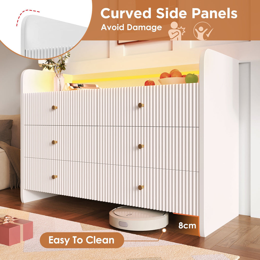 Fluted 6 - Drawer Sideboard, Modern Storage Cabinet With RGB LED Lighting & Shelves,, Chest Of Drawers For Living Room Bedroom Dining Room Office, 75x 120 X 40 Cm, White - Noventis Home