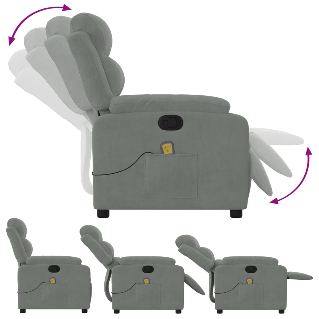 Massagestoel met Ligfunctie, Lichtgrijs Fluweel, 6 - punts Vibromassage, Max. 135° Kanteling - Noventis Home