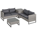 4 Pieces Rattan Garden Furniture Set, 4 Seater Garden Sofa Set With Storage Box, Loveseats And Glass Top Table, Wicker Outdoor Conservatory Furniture With Cushions For Outdoor, Patio, Grey - Noventis Home