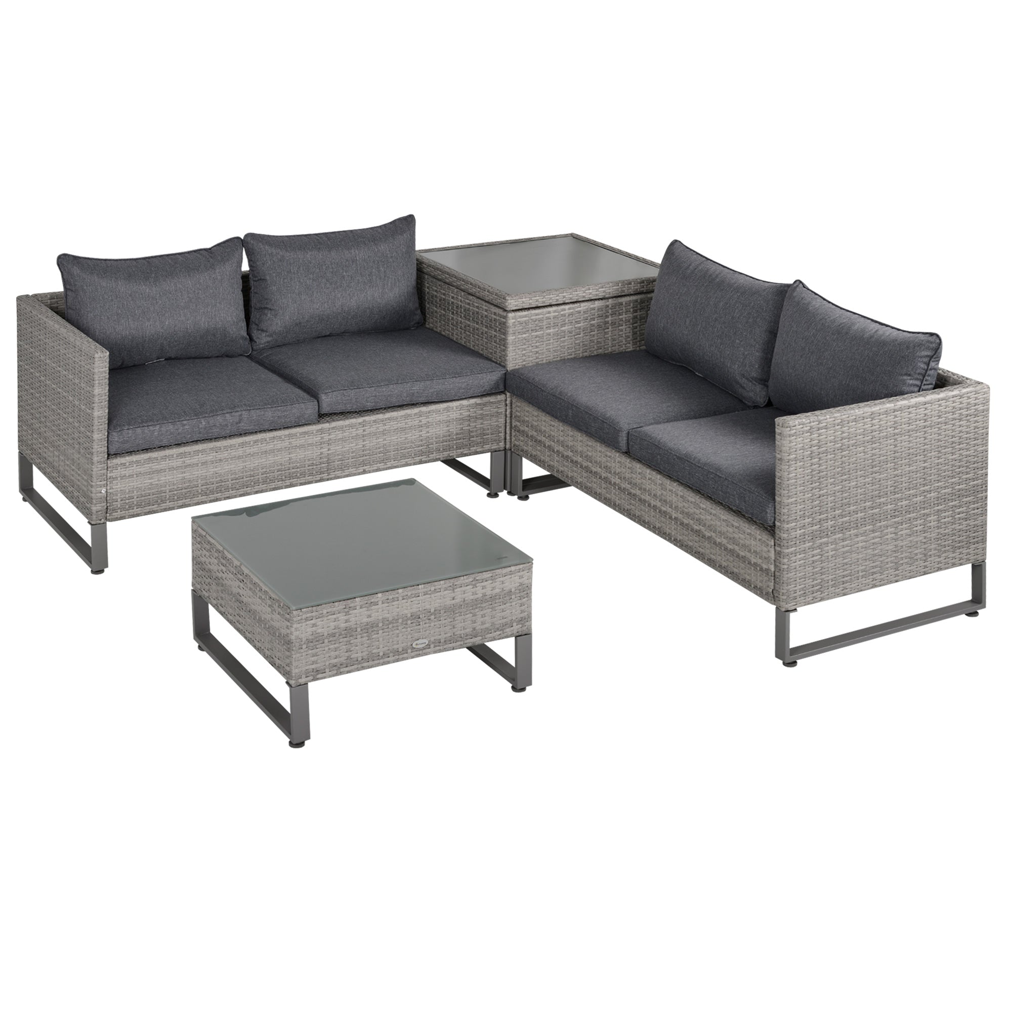 4 Pieces Rattan Garden Furniture Set, 4 Seater Garden Sofa Set With Storage Box, Loveseats And Glass Top Table, Wicker Outdoor Conservatory Furniture With Cushions For Outdoor, Patio, Grey - Noventis Home