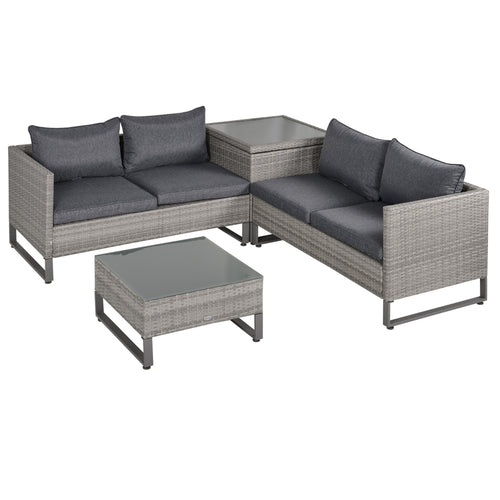 4 Pieces Rattan Garden Furniture Set, 4 Seater Garden Sofa Set With Storage Box, Loveseats And Glass Top Table, Wicker Outdoor Conservatory Furniture With Cushions For Outdoor, Patio, Grey - Noventis Home