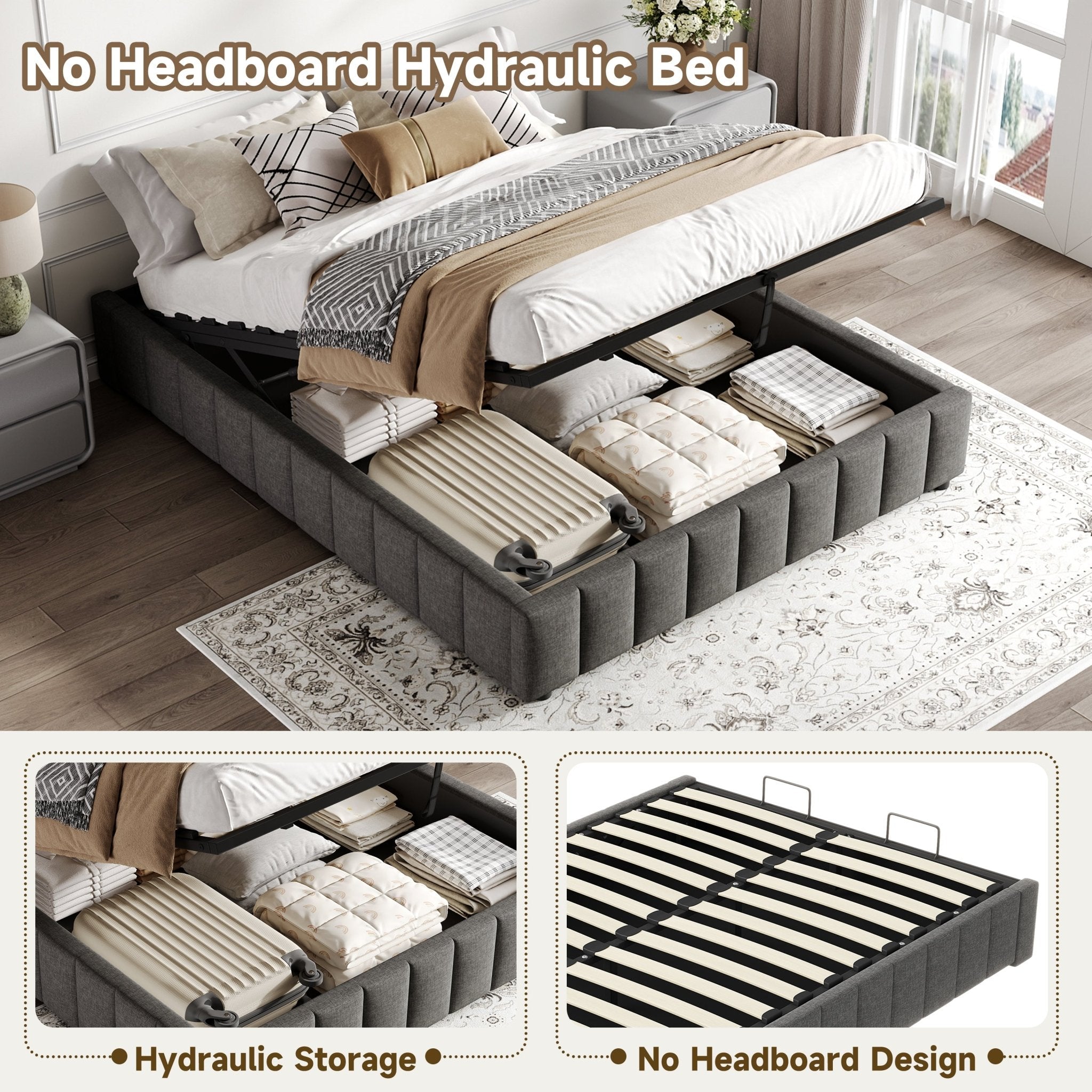 4ft6 Double Upholstered Storage Bed Frame, No Headboard Linen Bed Frame With Hydraulic Storage, Channel Tufted Ottoman Bed, Metal - Wood Support, No Box Spring Needed, Easy Assembly,Grey No Mattress - Noventis Home