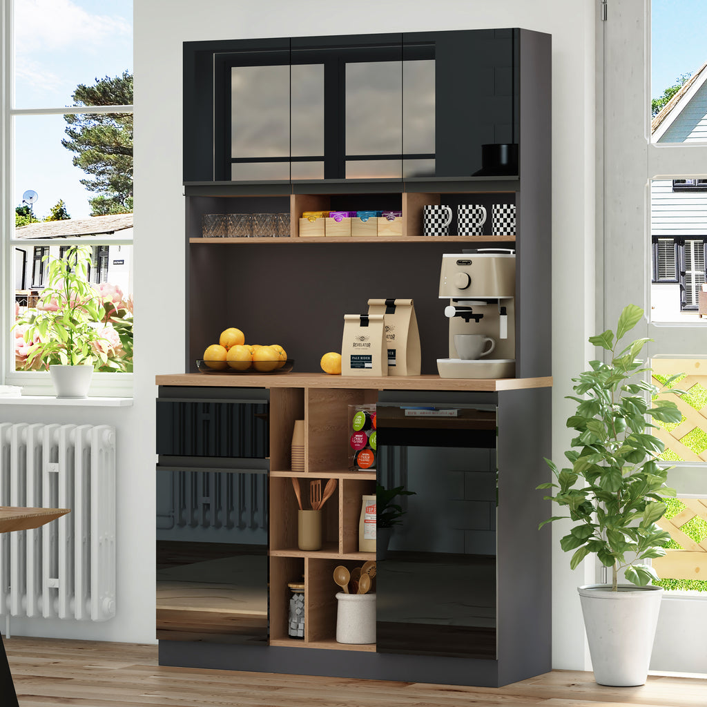 105x45x185 cm Keukenkast Buffetkast, Hoogglans Deuren, Verstelbare Planken, Lades, Open Opbergruimte, Kantelbescherming, Geschikt voor Keuken, Eetkamer en Woonkamer - Noventis Home