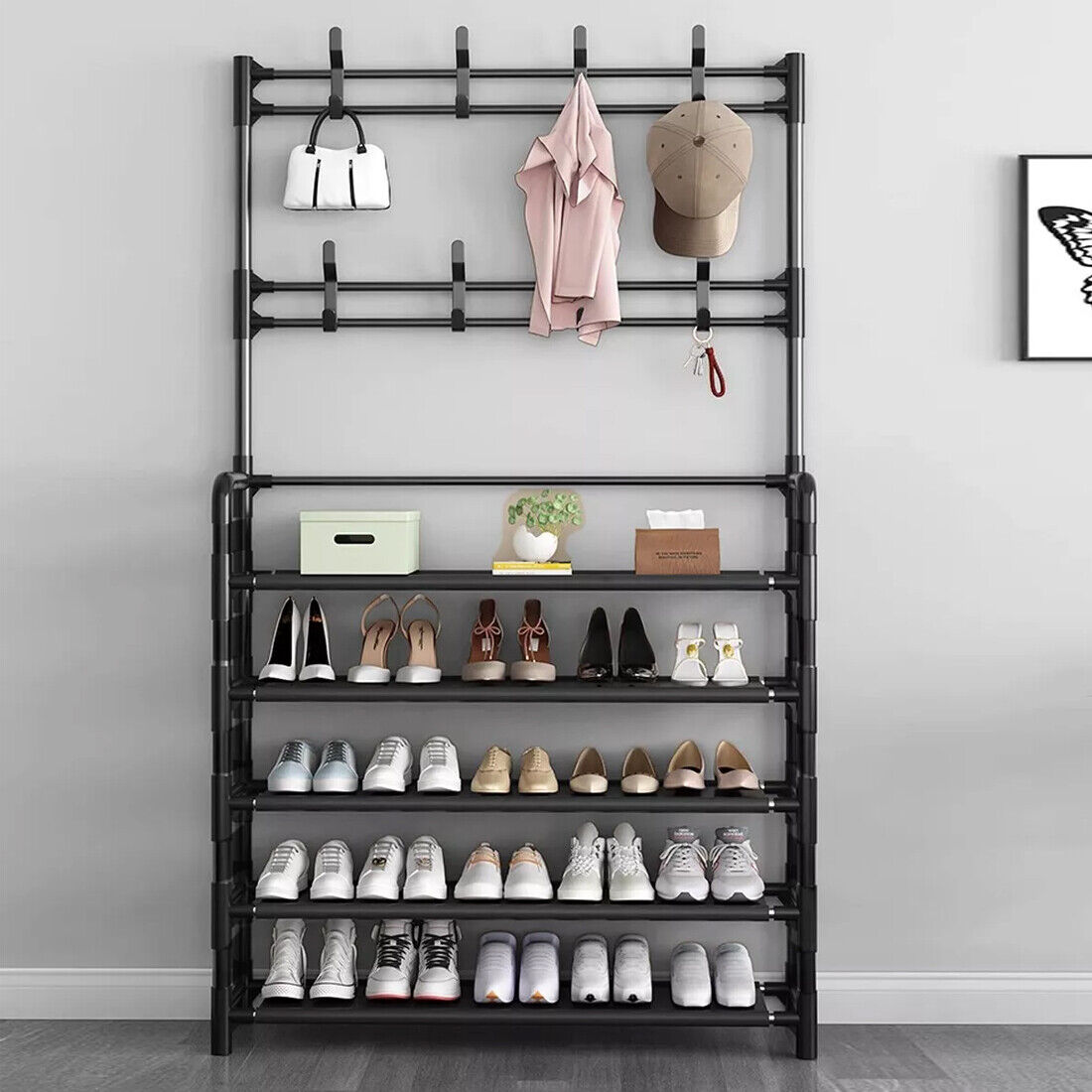 New Coat And Hat Stand 8 Hooks Metal Shoe Rack 5 Tiers Shelf Hanger Black UK - Noventis Home