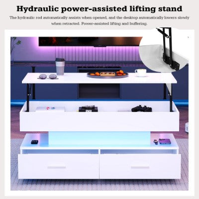 Salontafel met Hydraulisch Opklapbaar Blad en LED-verlichting, 2 Lades en Opbergruimte voor Woonkamer, Wit