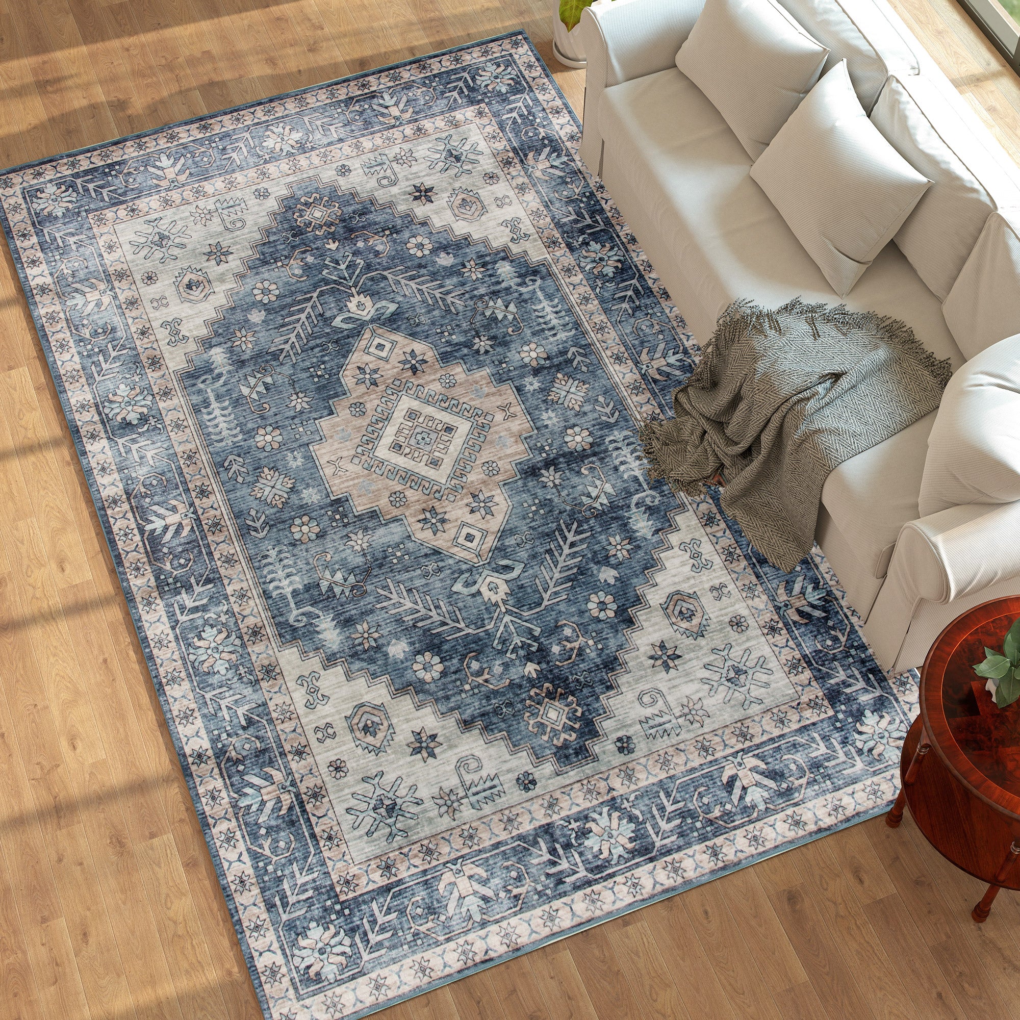 8x10 Vloerkleed, Vintage Wasbaar Tapijt, Antislip Vloerkleed voor Woonkamer, Slaapkamer en Eetkamer, Blauw - Noventis Home