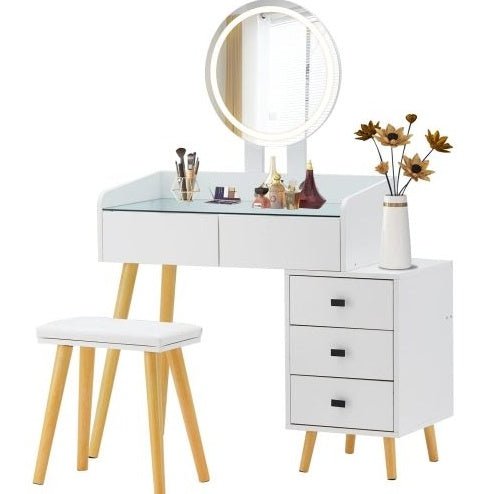 Kaptafel met LED - verlichting, Glazen Blad, Uitschuifbare Zijtafel, 5 Lades, Spiegel en Kruk voor Slaapkamer - Noventis Home
