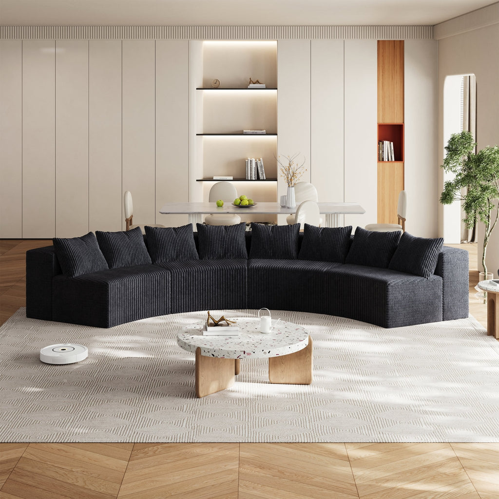 Corduroy Gebogen Hoekbank met 8 Kussens, Modulaire Halfronde Bank voor Woonkamer, Slaapkamer en Kantoor, 4 Modules, Zwart - Noventis Home