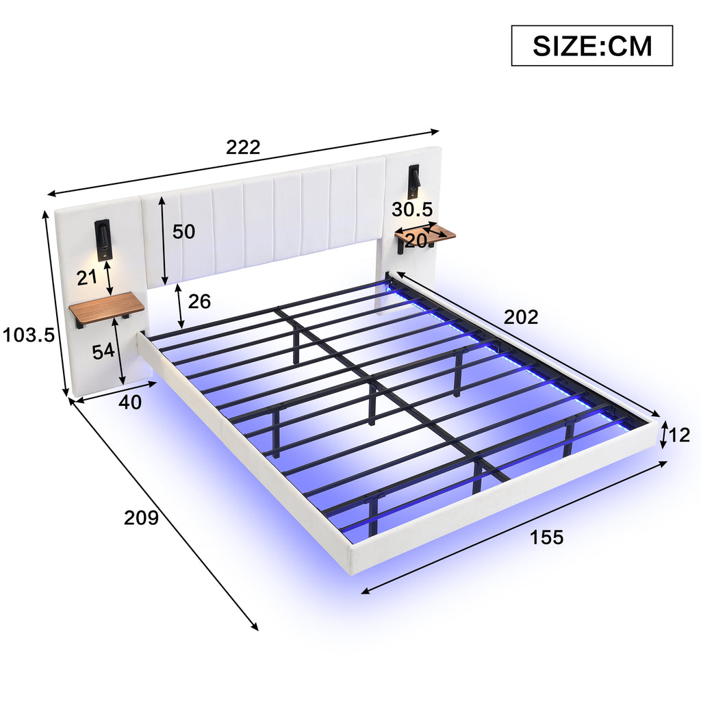 Upholstered Bed, Adults Teenagers King Bed 150x200cm, 2 Bedside Lamps, Headboard Storage Function, With Charging Socket, With Light Strip Under The Bed,Soft Headboard, Velvet - Iron, White - Noventis Home