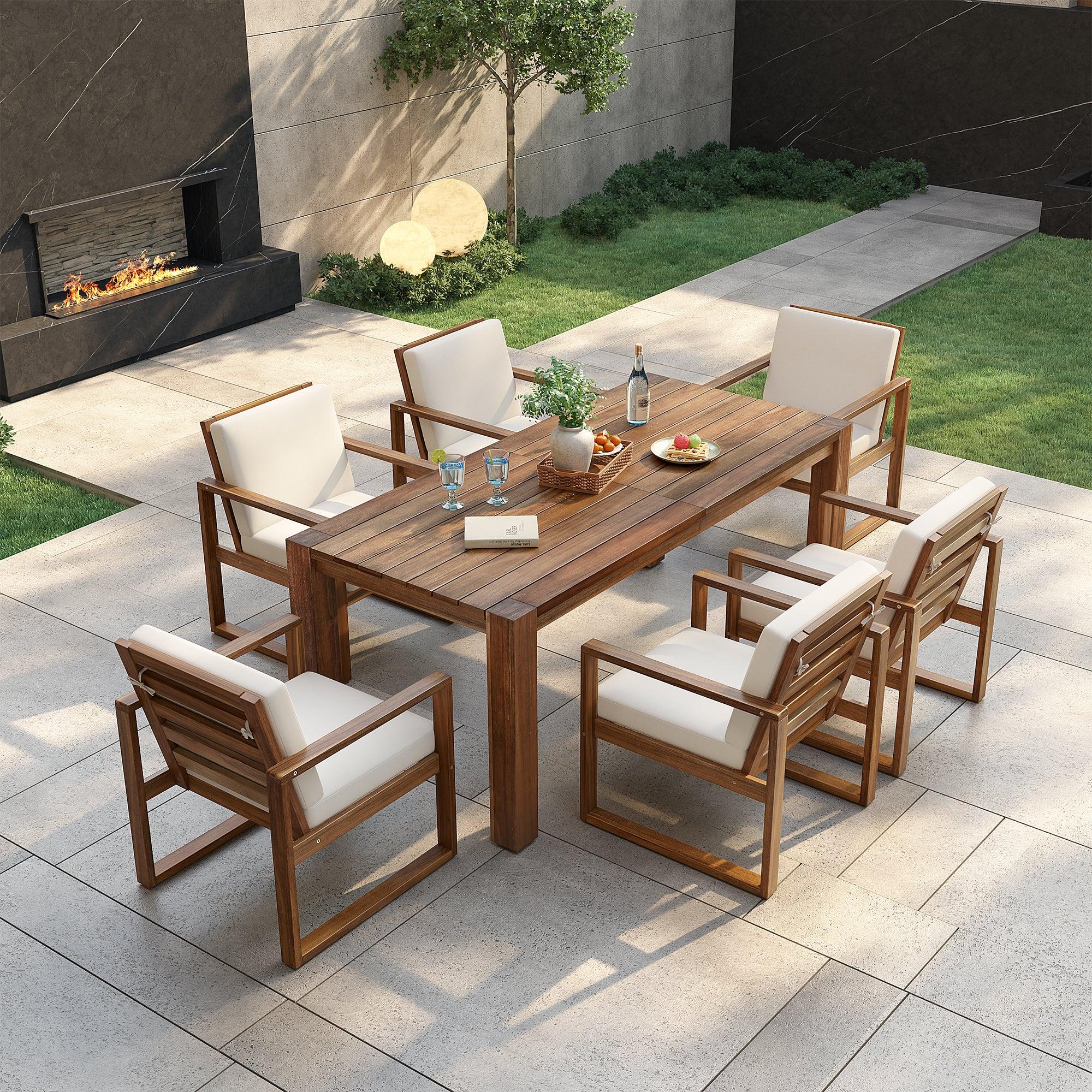 7 - delige Tuineetset voor 6 Personen met Parasolgat, Acaciahout, Afneembare Kussens, voor Tuin en Terras - Noventis Home