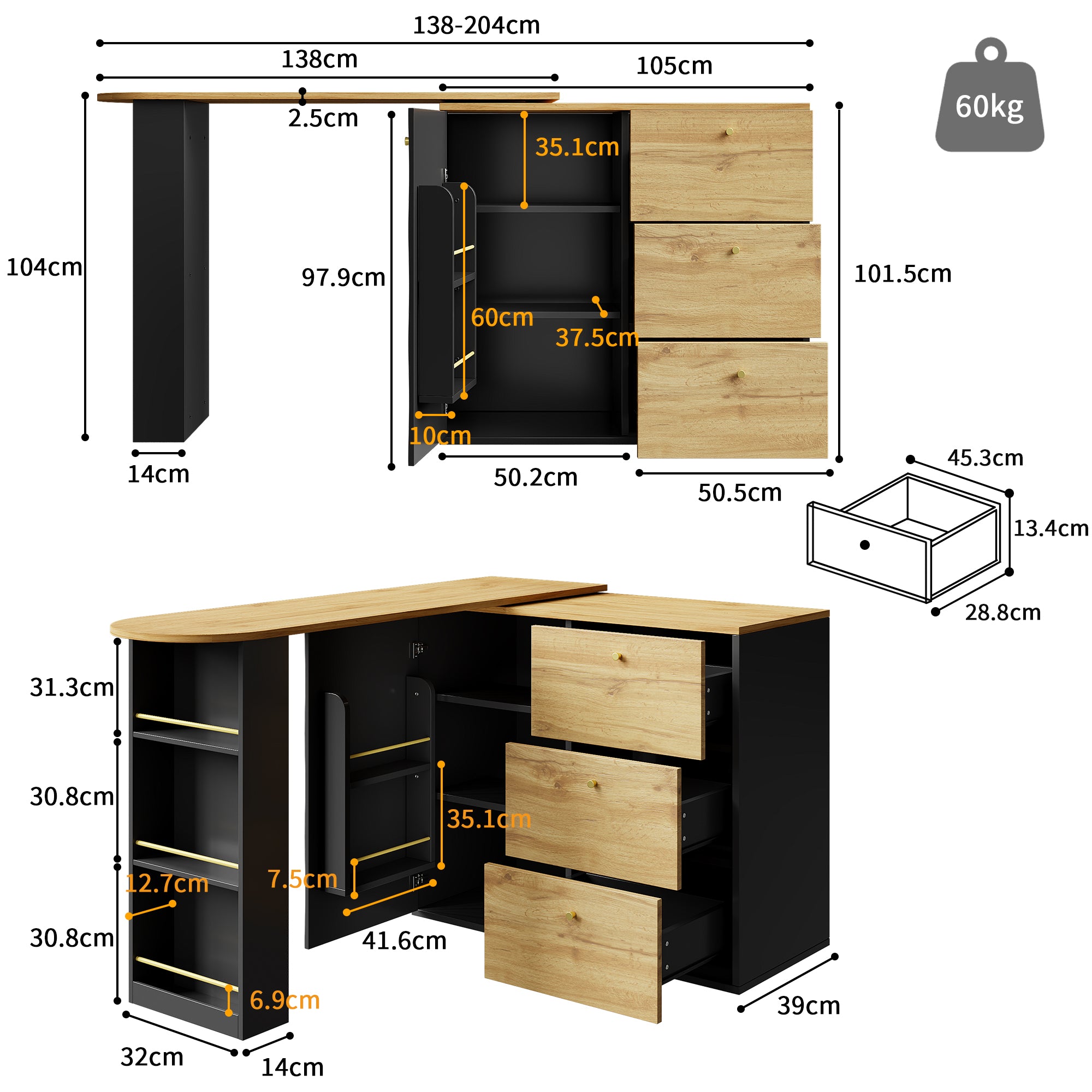 Extendable Bar Table With Storage Space 138 - 204 X 39 X 104 Cm, 360 Rotating Dining Bar, Modern Mobile Bar Table, High Table Kitchen Island Bistro Table, Sideboard With Wood Grain Finish - Noventis Home