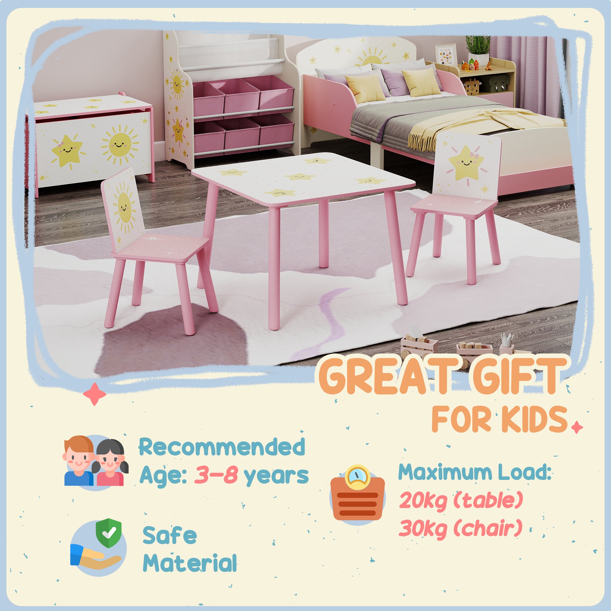 3-delige Kindertafel en Stoelset voor Kinderen van 3-8 Jaar, Slaapkamer en Speelkamer, Roze