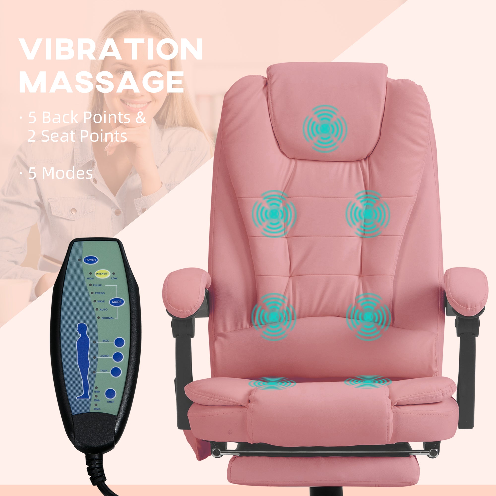 7 - Point Vibrating Massage Office Chair High Back Massaging Office Desk Chair with Lumbar Support, Footrest, Pink - Noventis Home