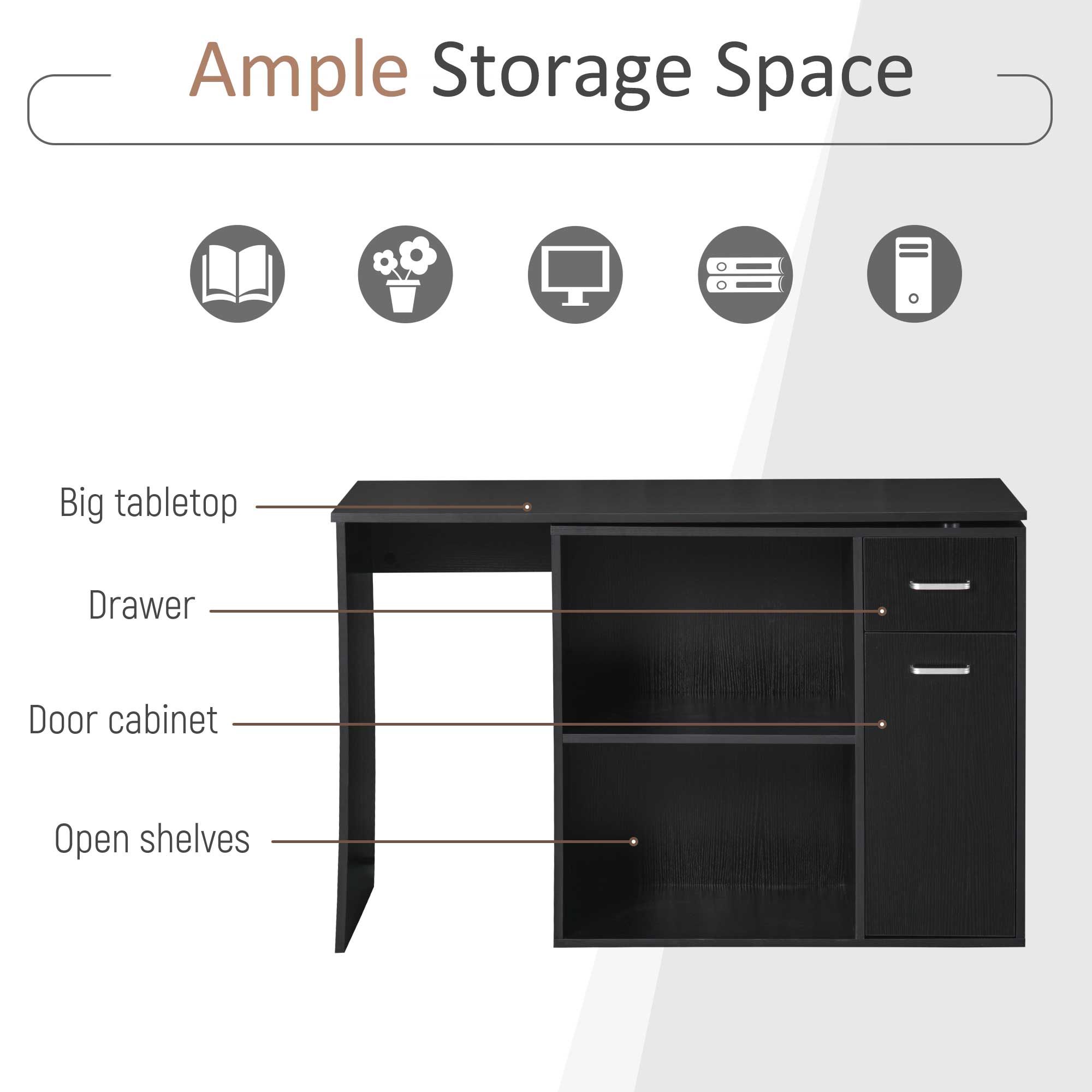 L Shaped Computer Desk, 180° Rotating Corner Desk With Storage Shelves, Drawer And Cabinet, Study Workstation For Home Office, Black - Noventis Home
