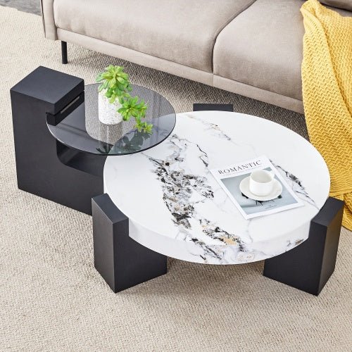 Modern Simple Double - Layer Round Coffee Table - Transparent Gray Glass Top With Black MDF L - Shaped Legs.The Detachable Design Can Make The Use Of Space More Flexible - Noventis Home