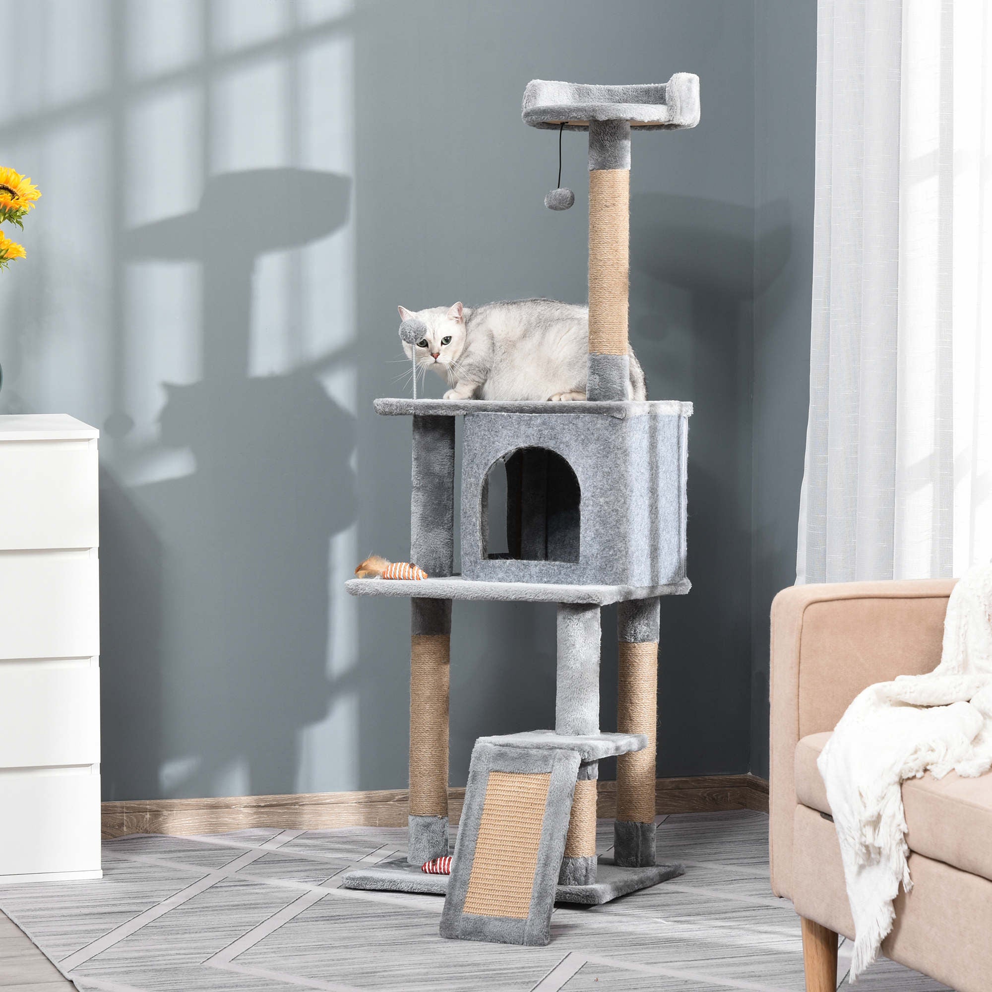 PawHut Cat Tree Tower 142cm Climbing Kitten Activity Center With Jute Scratching Post Board, Removable Felt Hanging Toy, Grey - Noventis Home