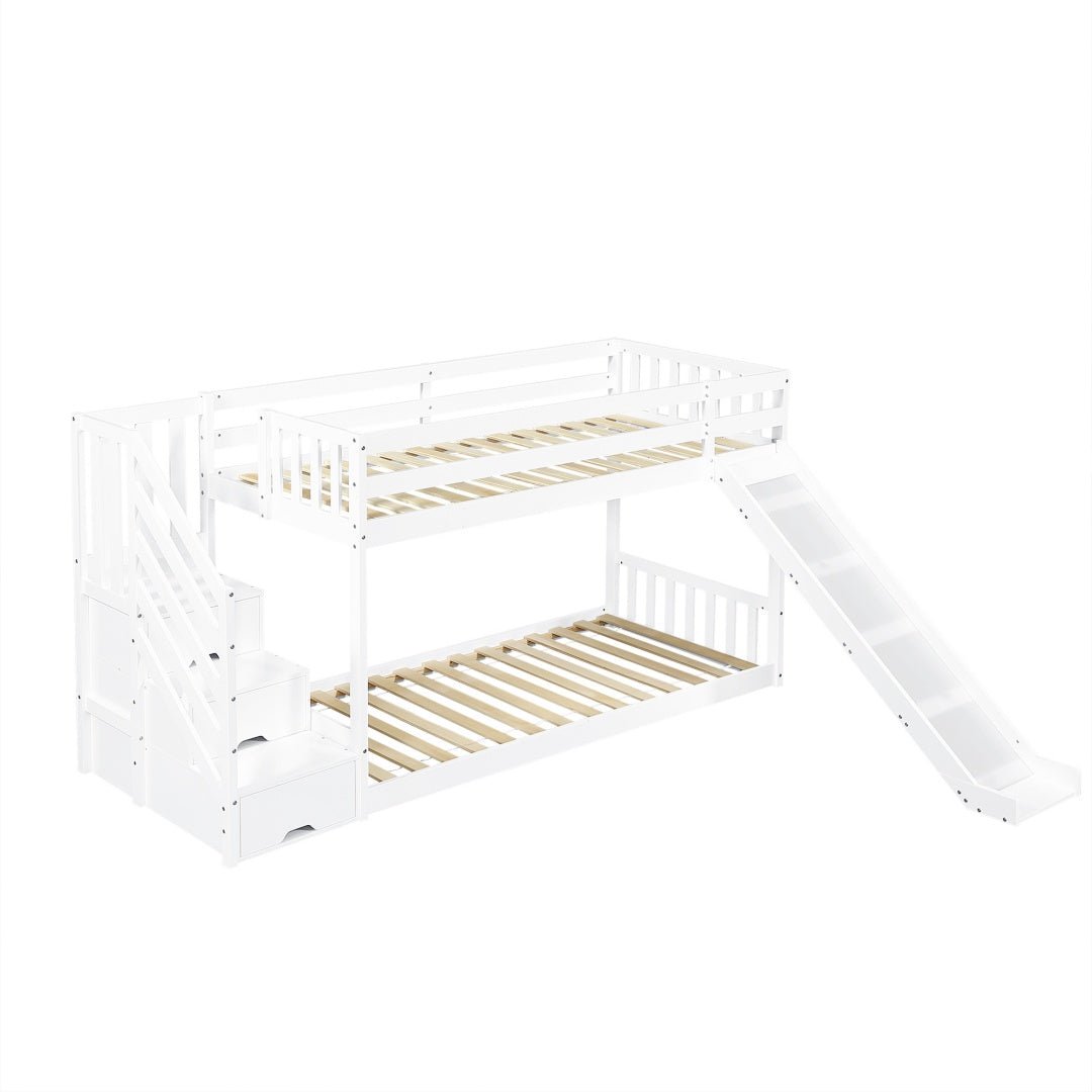 Bunk Bed With Stairs And Slide, Solid Pine Wood Frame, Children Bed, Storage Stairs, 90x190cm, White - Noventis Home