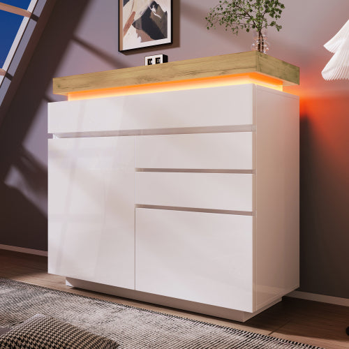 Ladekast, Hoogglans Dressoir met 2 Deuren en 3 Lades, RGB LED App-gestuurd, Multifunctioneel voor Woonkamer en Slaapkamer, 115x110x39 cm, Wit