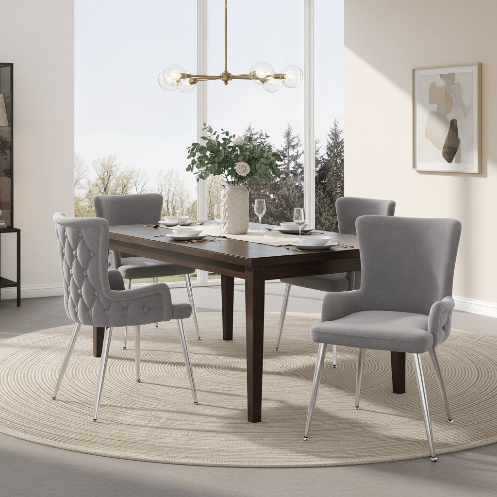 Velvet Dining Chair, Set Of 2, Luxurious Living Room Bedroom Lounge Chair With Four Silver - colored Metal Support Legs, Grey - Noventis Home