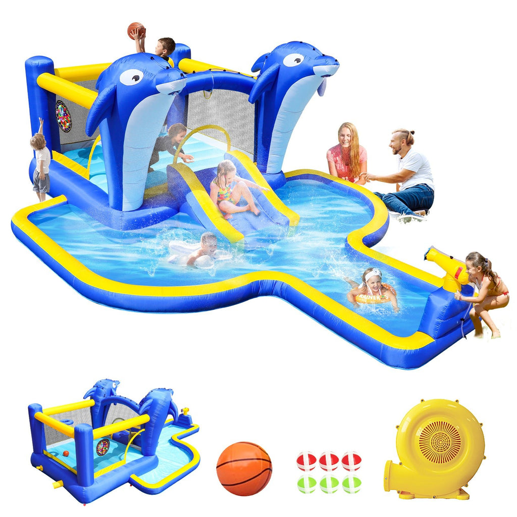 8 - in - 1 Opblaasbaar Waterglijbaan Speelpark met Trampoline, Dolfijn Sproeier, Waterpistool en Basketbal, voor Buiten - Noventis Home