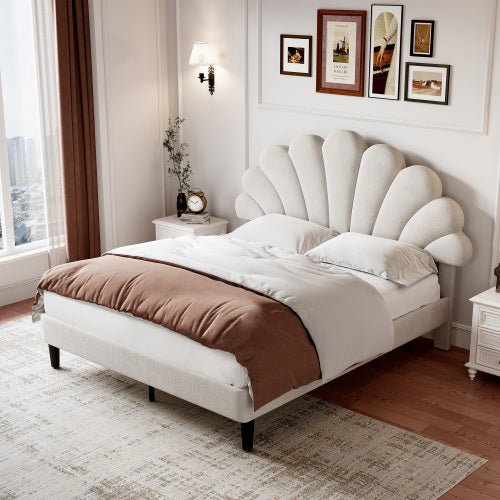 4ft6 Double Upholstered Velvet Bed Frame, With Adjustable Chic Petal Headboard, Velvet Platform Bed Frame With Solid Wood Slat, No Box Spring Needed, Easy Assembly, Beige - Noventis Home