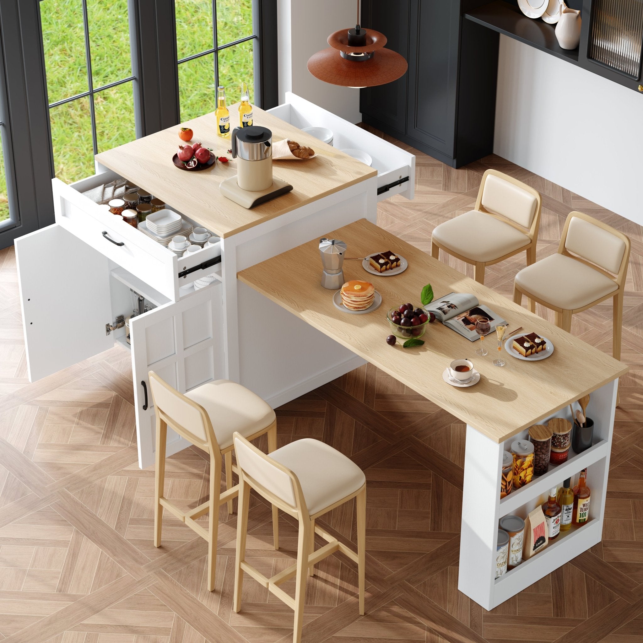 Extendable Bar Table With Storage 133 - 202 X 70 X 93.5 Cm With Two Drawers And Four Compartments, Expandable Kitchen Island Table For 2 - 6 People, Kitchen Dining Cart With Side Shelves, White. - Noventis Home