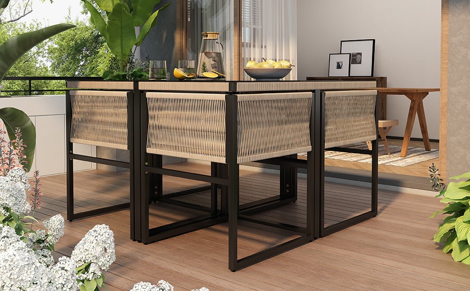 Tuineetset 5 - delig met 1 Eettafel, 4 Stapelbare Stoelen, Fijn Touw, IJzer en 5mm Veiligheidsglas Tafelblad - Noventis Home