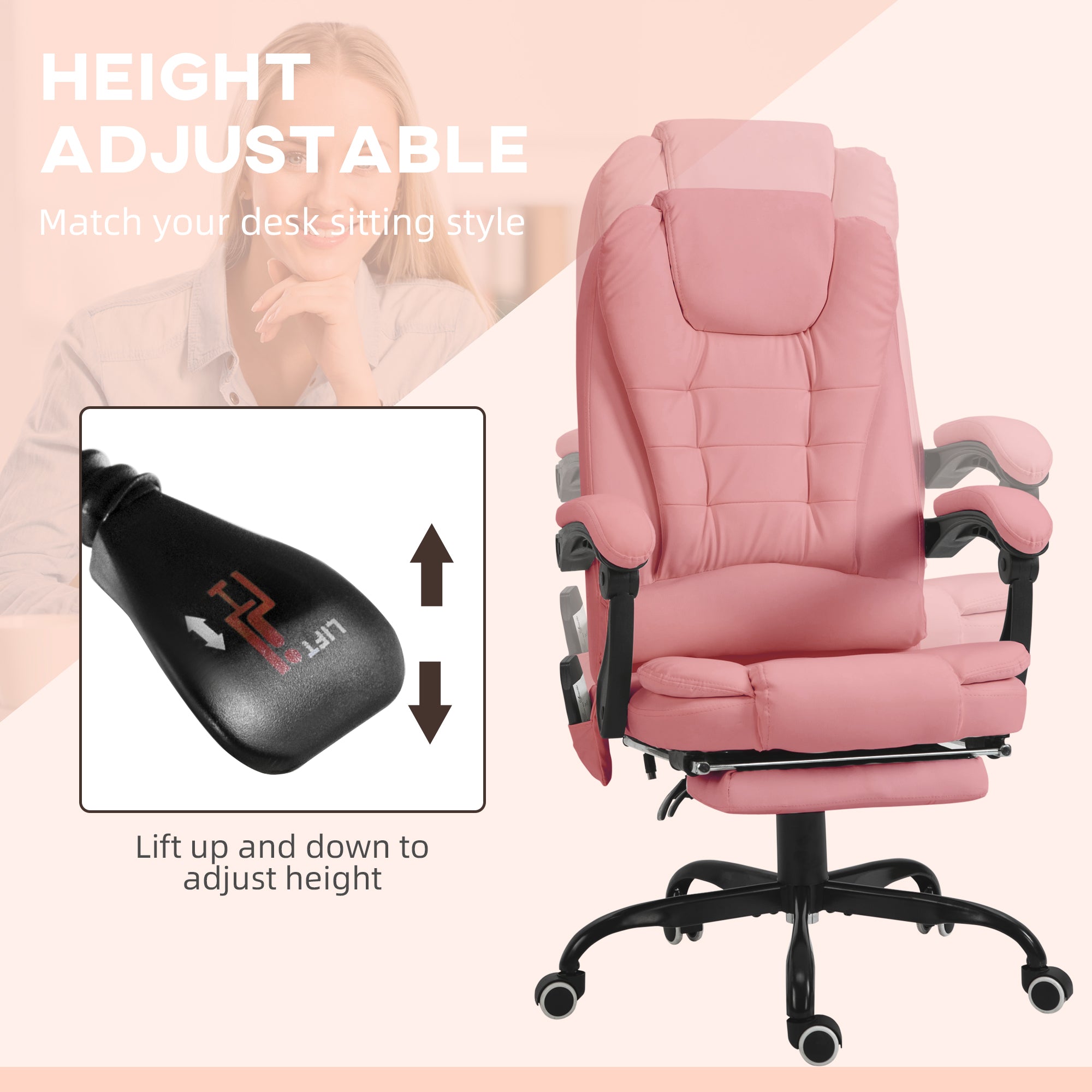7 - Point Vibrating Massage Office Chair High Back Massaging Office Desk Chair with Lumbar Support, Footrest, Pink - Noventis Home