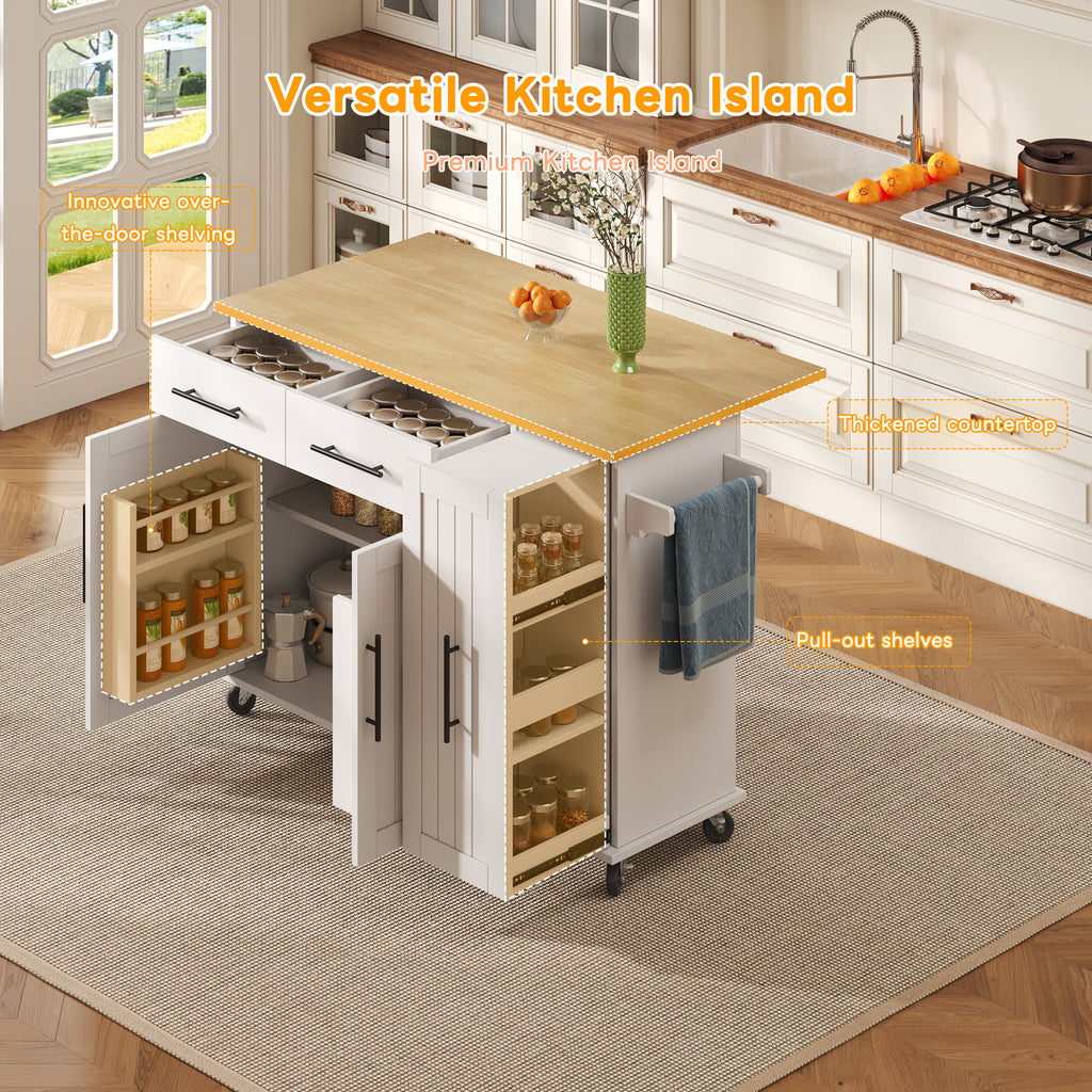 Keukeneiland met Uitklapblad, Opbergkar met 3-laags Uitschuifbare Organizer, Interne Opbergrek, Rijdende Kar met Handdoekhouder en 2 Lades, Wit, 120x40x90 cm