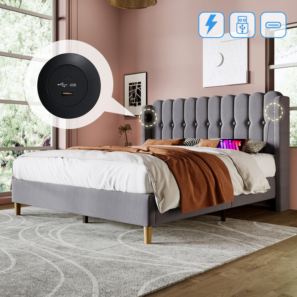 Upholstered Double Bed With USB And Type - C Charging, Bed Frame With Wooden Slatted Frame, Teenager Bed For Bedroom & Guest Room,4ft6 135 X 190 Cm Bed Frame, Grey, Linen Material - Noventis Home